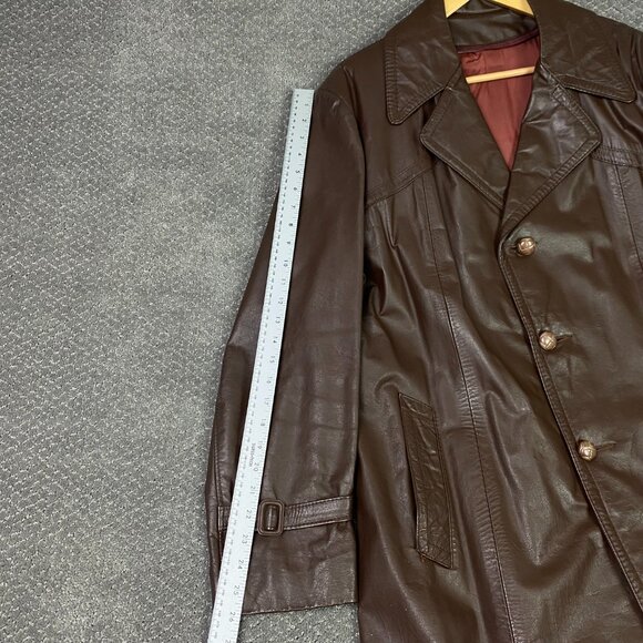 Vintage 70s Sears Leather Jacket Men's 44 Brown Fight Club Overcoat Top Coat - Picture 11 of 14